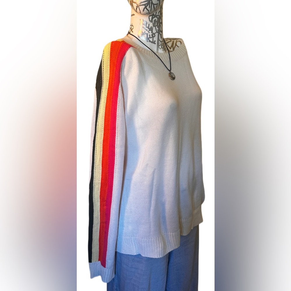 White Sweater with Multicolor Stripe Sleeve
